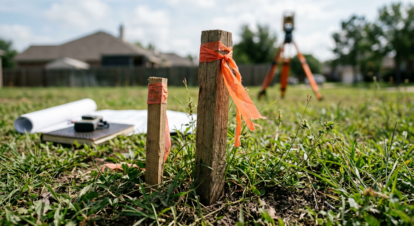 Survey boundary peg with orange ribbon marking a property block